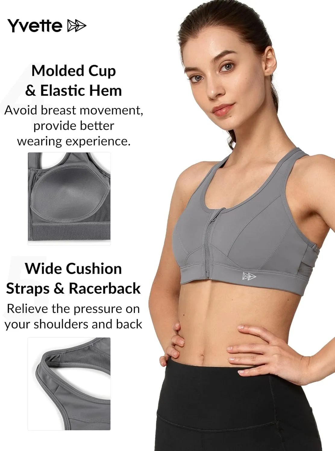 Yvette Zip Front Sports Bra - High Impact Sports Bras for Women Plus Size Workout Fitness Running