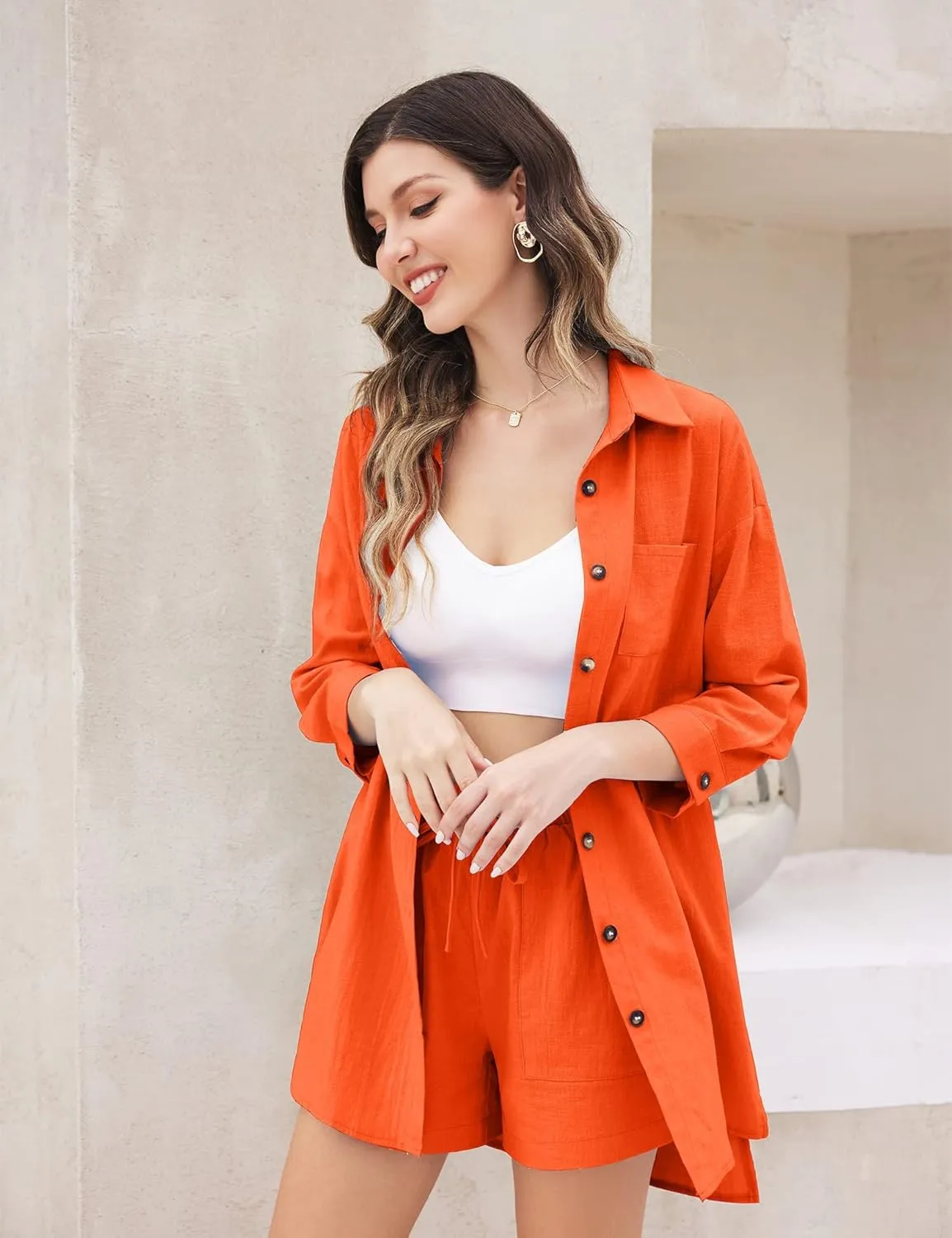 Zeagoo Women’s 2 Piece Lounge Tracksuit Outfit Sets Cotton Linen High Low Shirt and Drawstring Casual Shorts Set