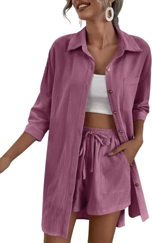 Zeagoo Women’s 2 Piece Lounge Tracksuit Outfit Sets Cotton Linen High Low Shirt and Drawstring Casual Shorts Set