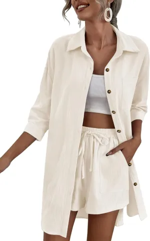 Zeagoo Women’s 2 Piece Lounge Tracksuit Outfit Sets Cotton Linen High Low Shirt and Drawstring Casual Shorts Set