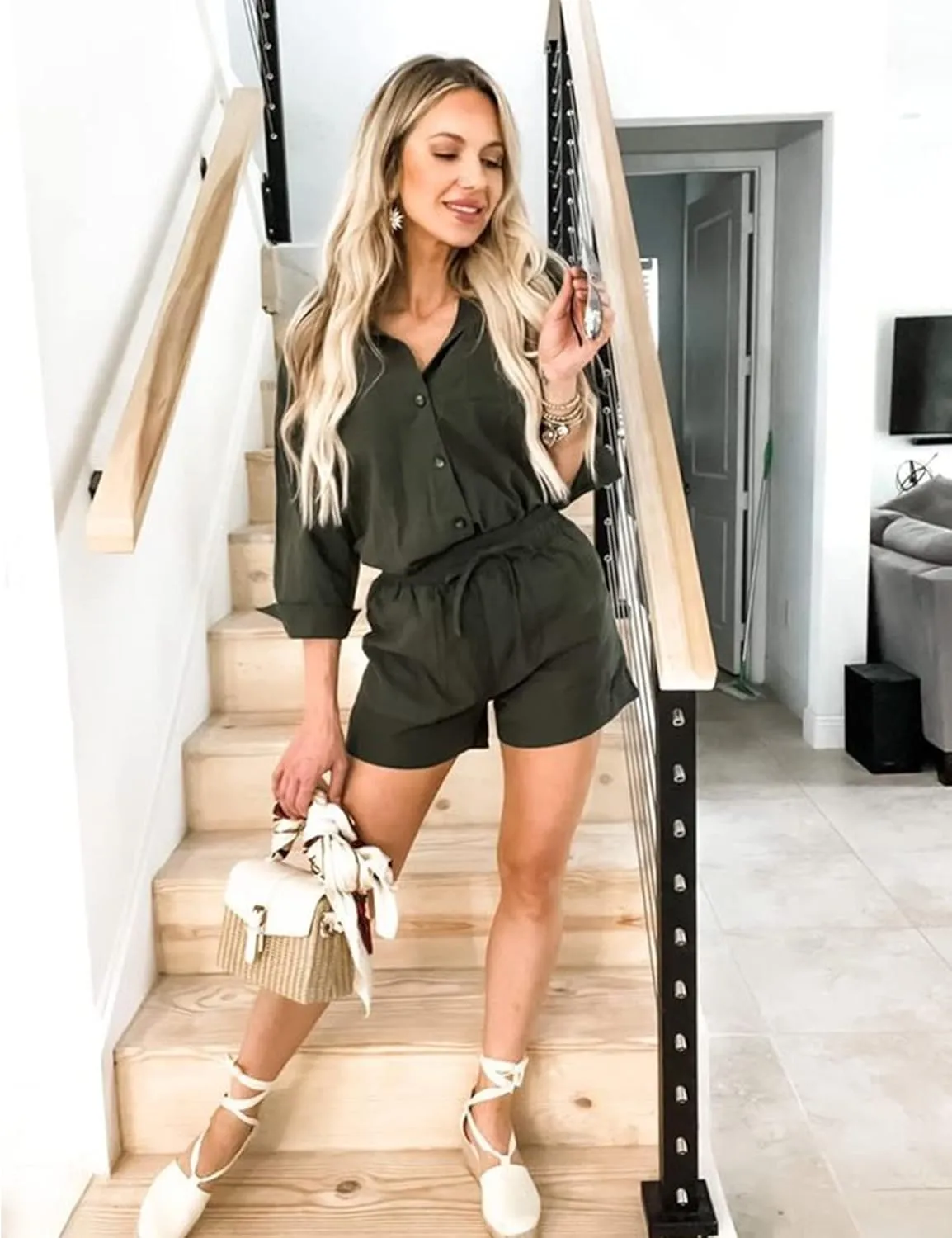 Zeagoo Women’s 2 Piece Lounge Tracksuit Outfit Sets Cotton Linen High Low Shirt and Drawstring Casual Shorts Set
