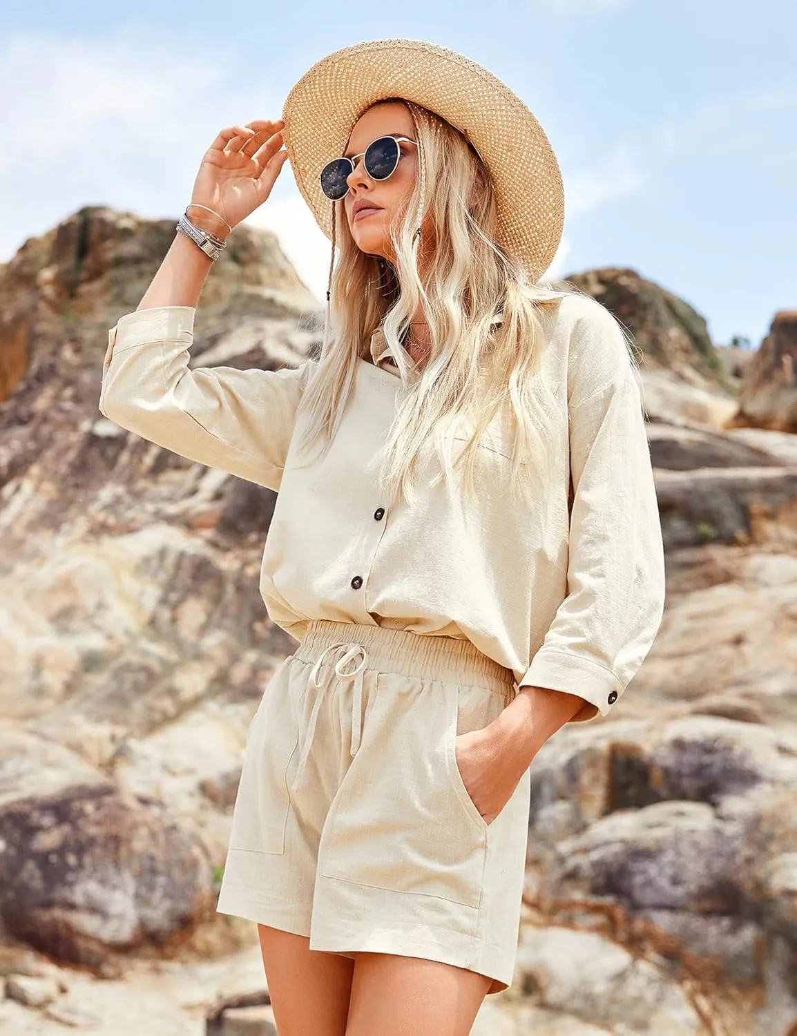 Zeagoo Women’s 2 Piece Lounge Tracksuit Outfit Sets Cotton Linen High Low Shirt and Drawstring Casual Shorts Set