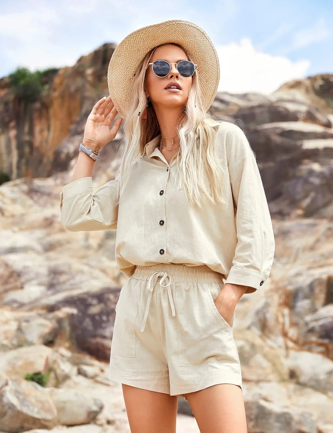 Zeagoo Women’s 2 Piece Lounge Tracksuit Outfit Sets Cotton Linen High Low Shirt and Drawstring Casual Shorts Set