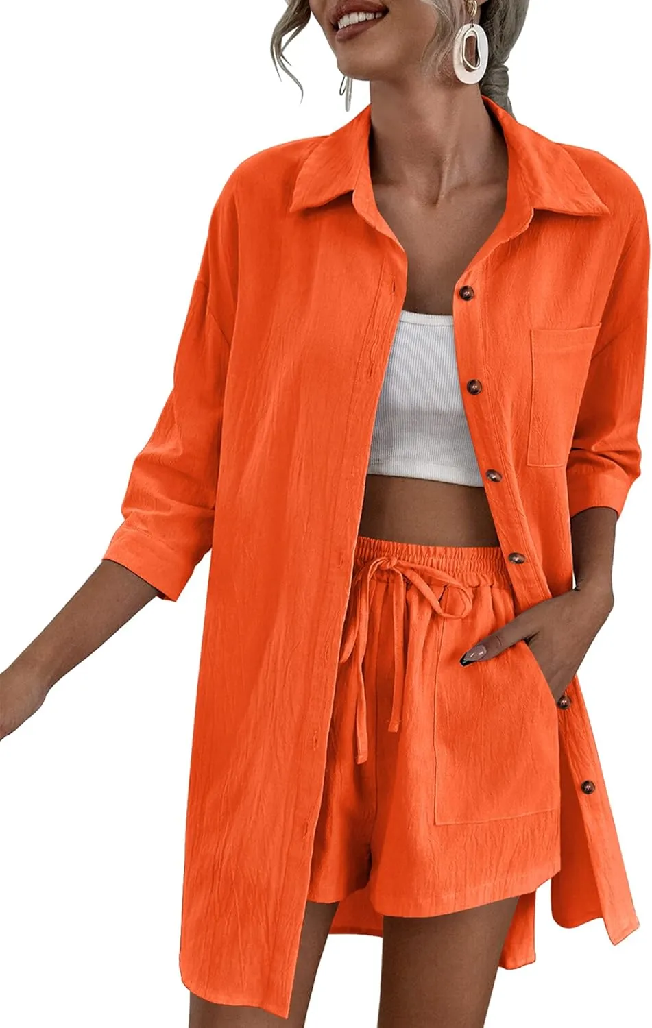 Zeagoo Women’s 2 Piece Lounge Tracksuit Outfit Sets Cotton Linen High Low Shirt and Drawstring Casual Shorts Set