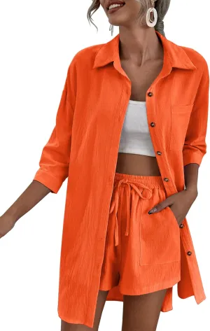Zeagoo Women’s 2 Piece Lounge Tracksuit Outfit Sets Cotton Linen High Low Shirt and Drawstring Casual Shorts Set