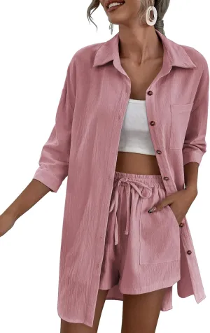 Zeagoo Women’s 2 Piece Lounge Tracksuit Outfit Sets Cotton Linen High Low Shirt and Drawstring Casual Shorts Set