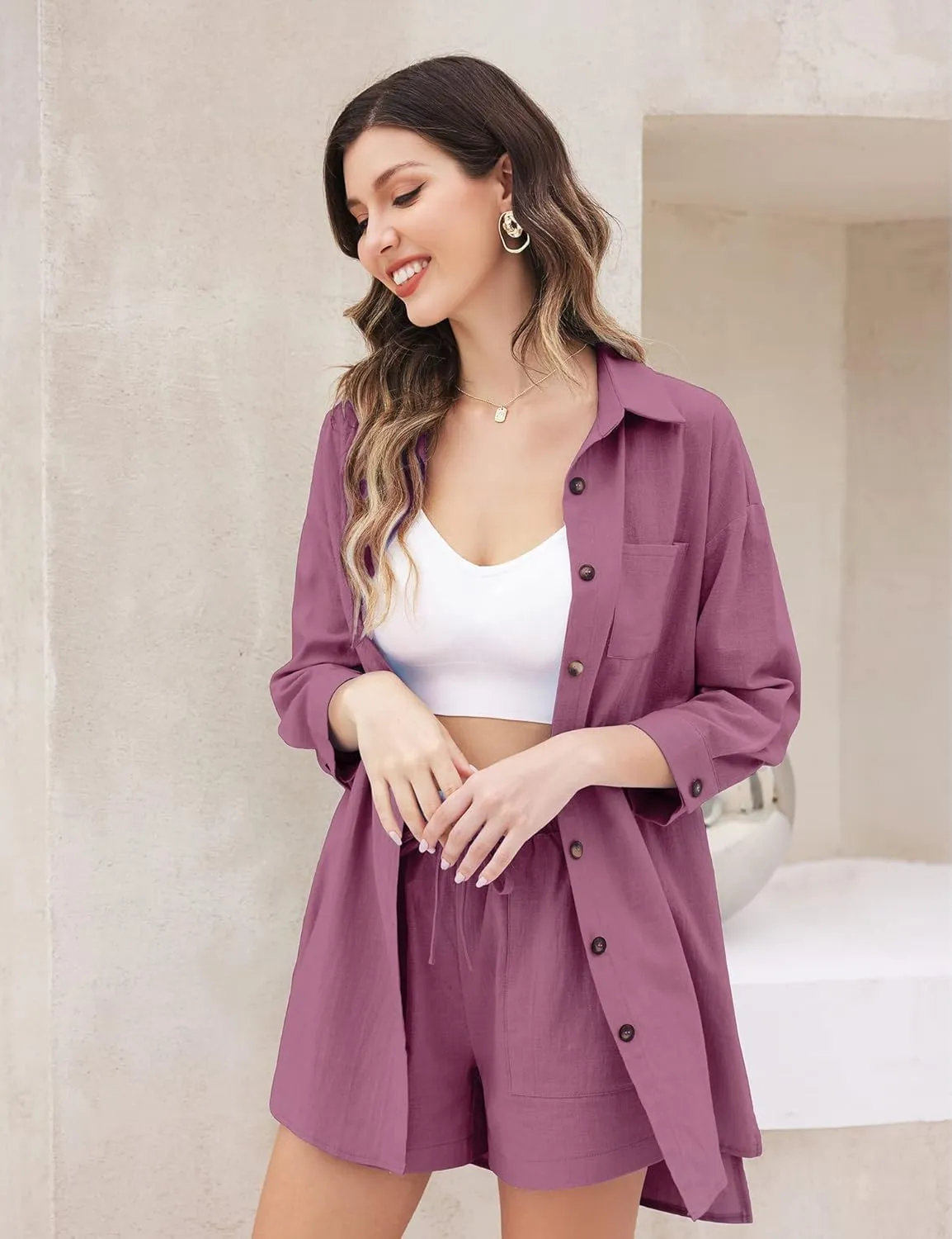 Zeagoo Women’s 2 Piece Lounge Tracksuit Outfit Sets Cotton Linen High Low Shirt and Drawstring Casual Shorts Set
