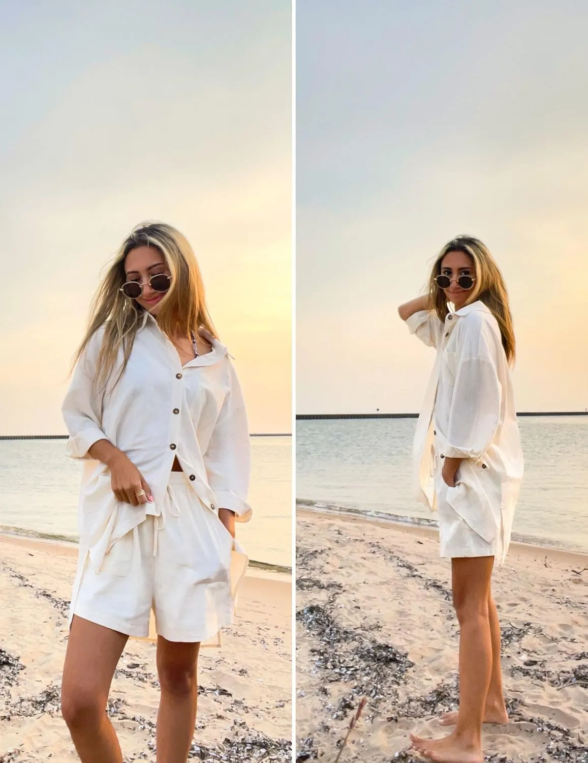 Zeagoo Women’s 2 Piece Lounge Tracksuit Outfit Sets Cotton Linen High Low Shirt and Drawstring Casual Shorts Set