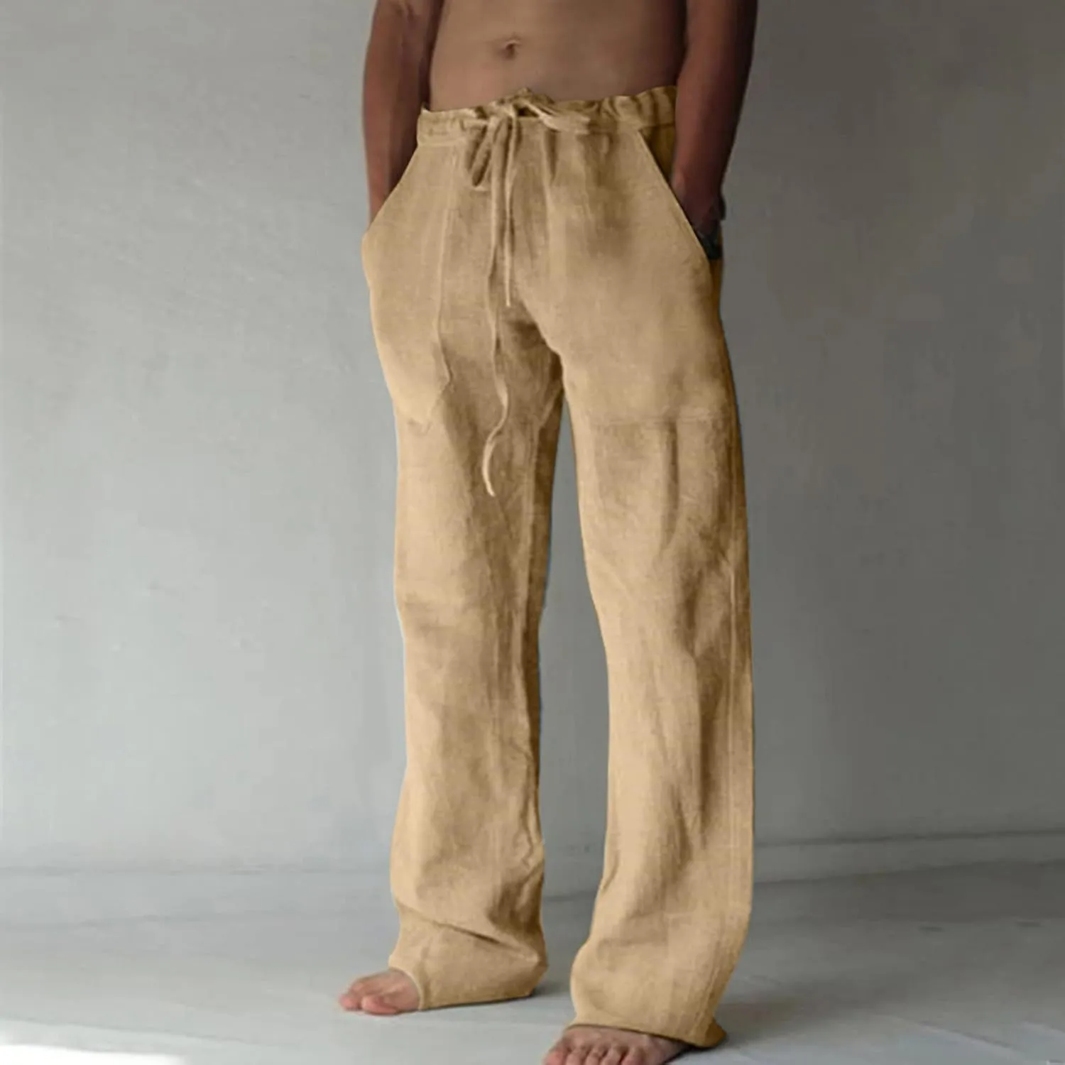 Zeiyignr Cotton Linen Pants for Men Casual Lightweight Wide Leg Yoga Beach Pants Loose Fit with Elastic Waist Drawstring