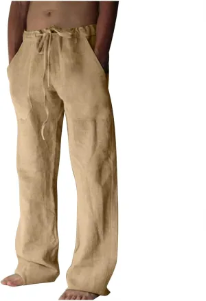 Zeiyignr Cotton Linen Pants for Men Casual Lightweight Wide Leg Yoga Beach Pants Loose Fit with Elastic Waist Drawstring