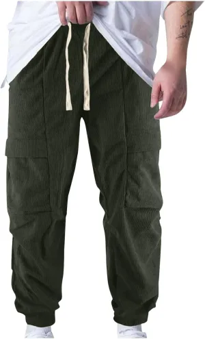Zeiyignr Mens Corduroy Joggers Pants Casual Cargo Pants Drawstring Elastic Waist Slim Fit Tapered Sweatpants with Pockets