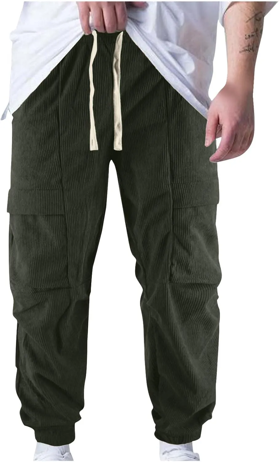 Zeiyignr Mens Corduroy Joggers Pants Casual Cargo Pants Drawstring Elastic Waist Slim Fit Tapered Sweatpants with Pockets