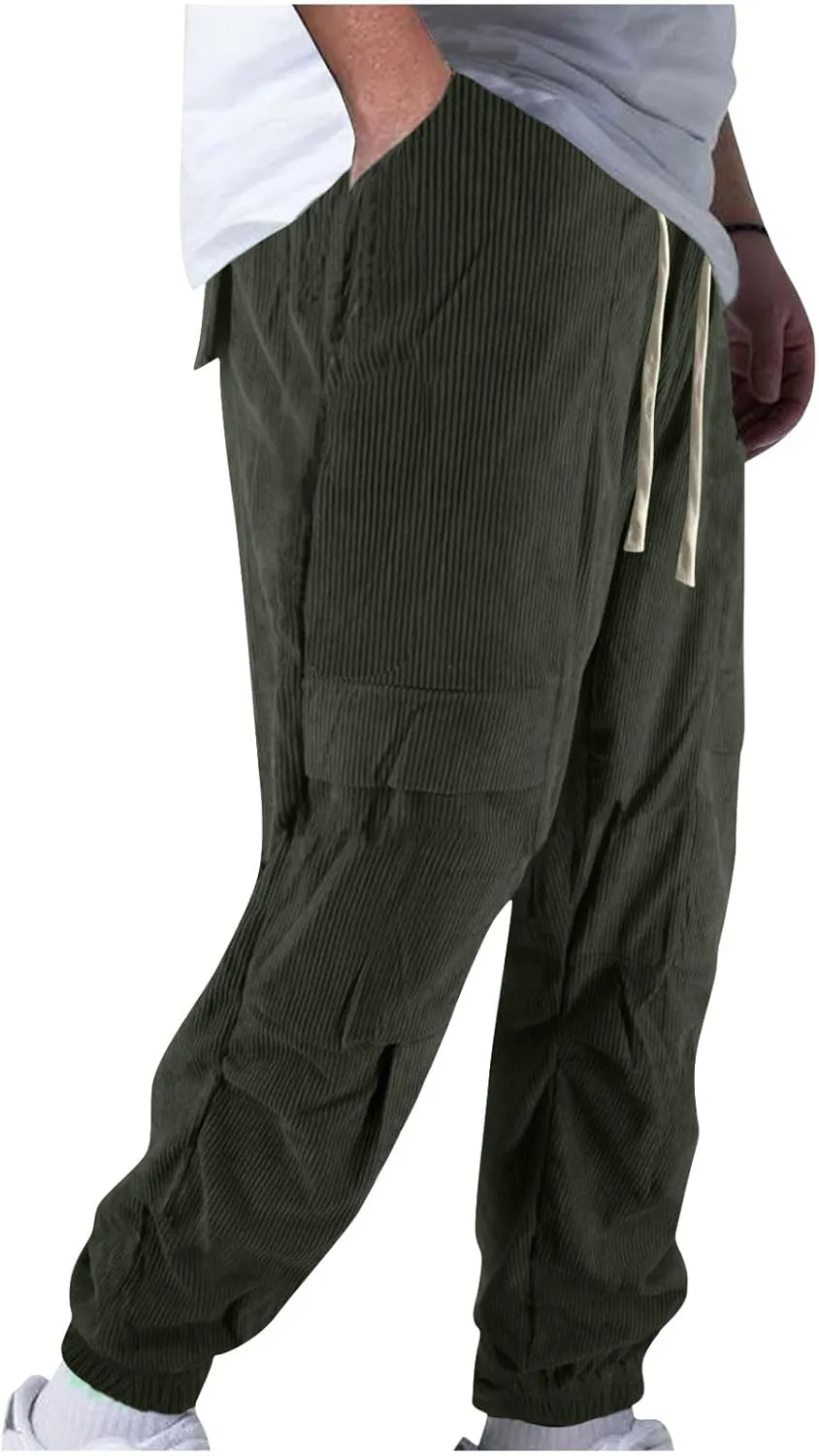 Zeiyignr Mens Corduroy Joggers Pants Casual Cargo Pants Drawstring Elastic Waist Slim Fit Tapered Sweatpants with Pockets