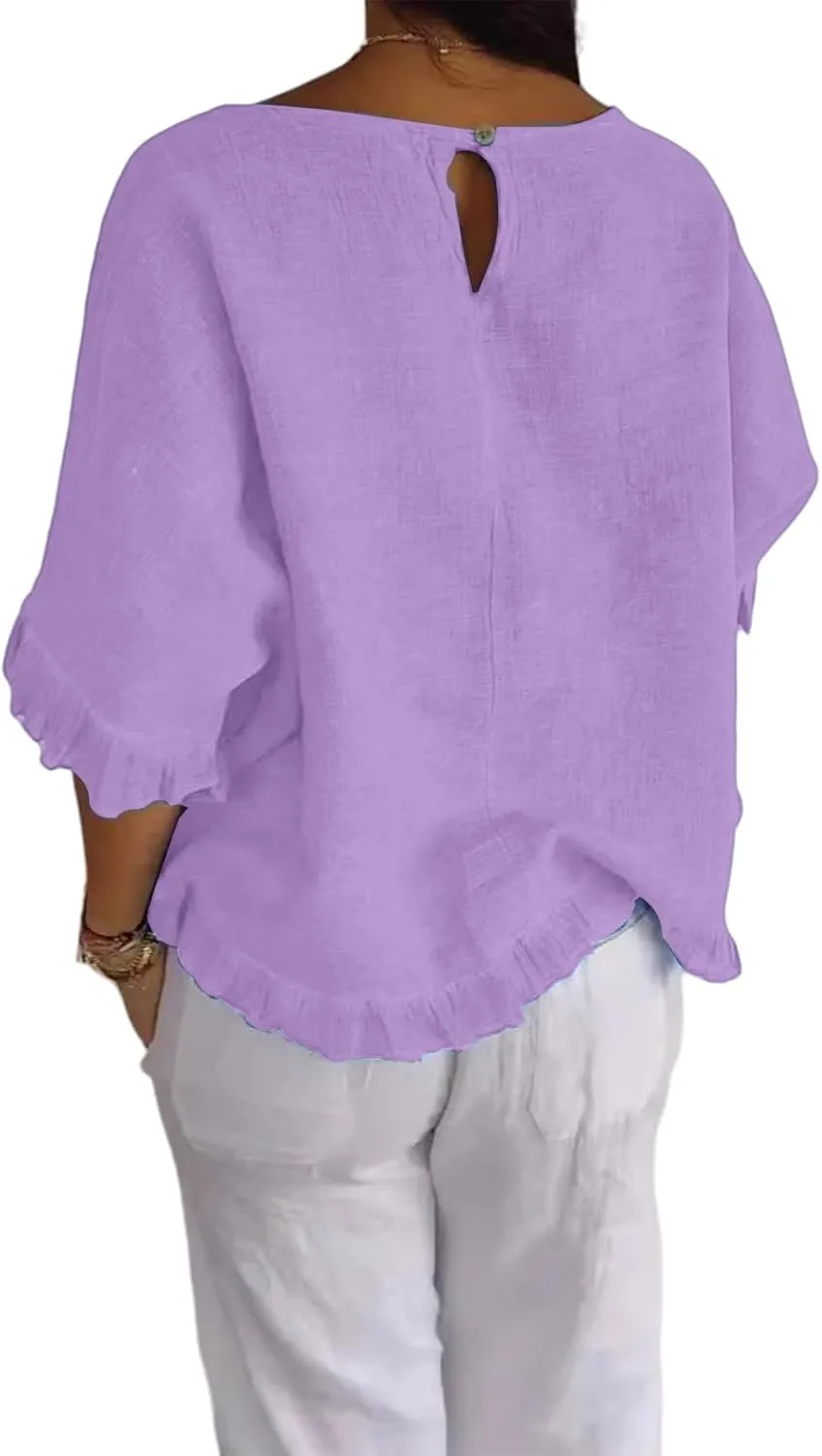 ZWRXW Women's Cotton Linen Tops Summer Babydoll Tops Short Sleeve Crew Neck T-Shirts Solid Color Crewneck Tee Tunic Shirts