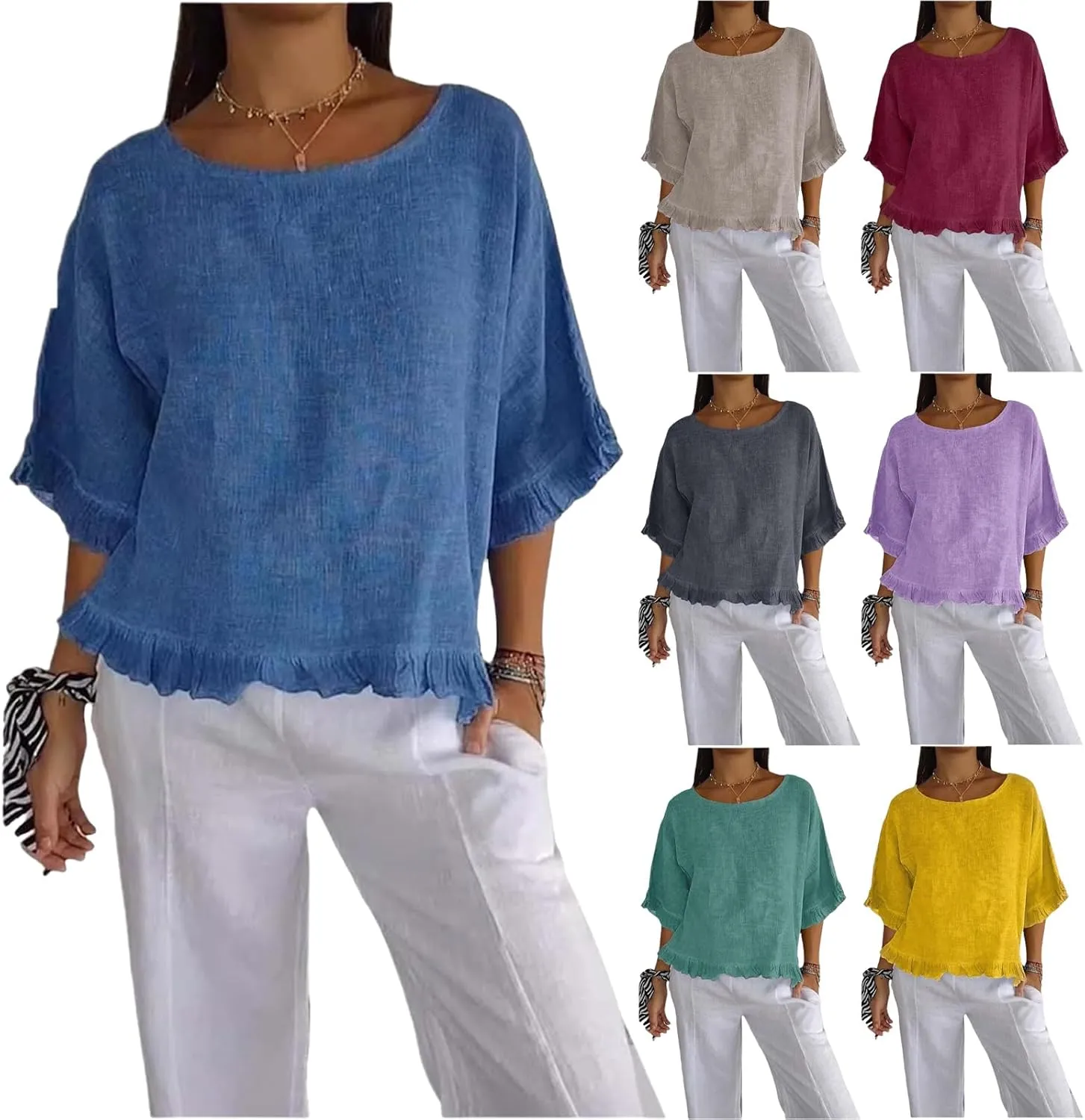ZWRXW Women's Cotton Linen Tops Summer Babydoll Tops Short Sleeve Crew Neck T-Shirts Solid Color Crewneck Tee Tunic Shirts