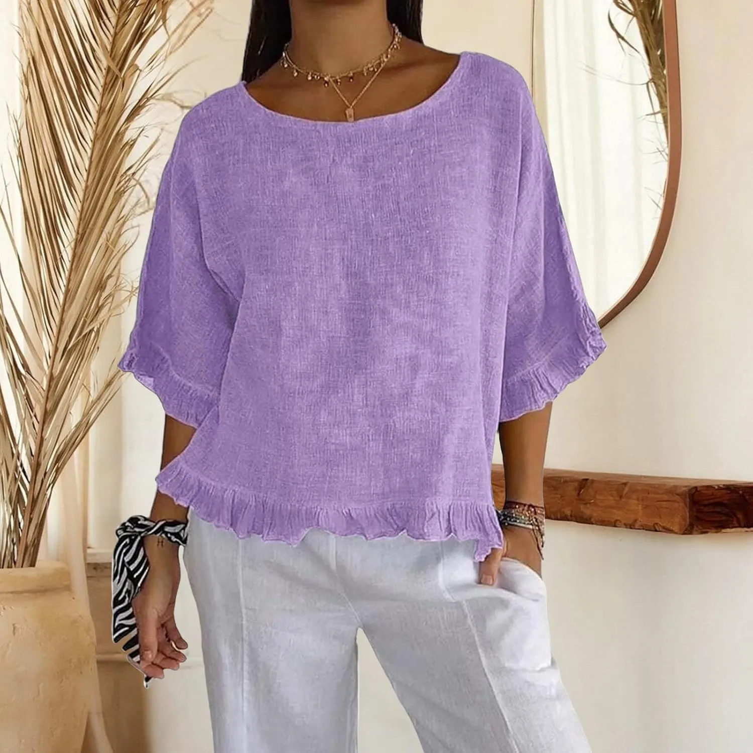 ZWRXW Women's Cotton Linen Tops Summer Babydoll Tops Short Sleeve Crew Neck T-Shirts Solid Color Crewneck Tee Tunic Shirts