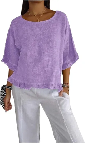 ZWRXW Women's Cotton Linen Tops Summer Babydoll Tops Short Sleeve Crew Neck T-Shirts Solid Color Crewneck Tee Tunic Shirts